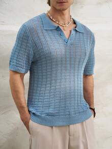 TONEVAULT Men's Solid Color Polo Collar Short Sleeve Casual Knit Top, Spring/Summer - Blue - View 5