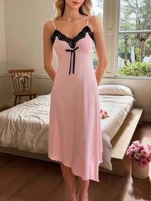 SHEIN Women's Romantic Contrast Lace Asymmetrical Hem Camisole Nightgown - Pink - View 7