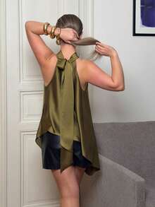 Jeta Ari Olive Green Satin Halter Neck Backless Loose Maxi Dress, Sexy A-Line Top Suitable For Spring/Summer Vacation, Beach, Elegant Wedding Guest, Holiday, Autumn/Winter Evening Occasions - Olive Green - View 2