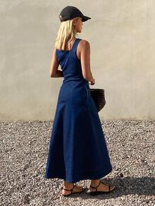 DAZY Women's Casual Sleeveless Front Zipper Long Denim Dress, Summer - Dark Wash - View 5