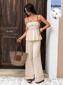 SHEIN Tall Set de 2 piezas de mujer con camiseta de tirantes bordada y pantalones largos, conjunto informal de verano - Beis - Ver 9