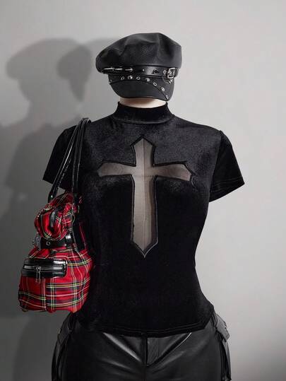 SHEIN ICON Women's Plus Size Spring/Summer Retro Sexy Millennial Style Y2K Fashionable Avant-Garde Bold Dark Gothic Style Cross Pattern Hollow-Out Black High Neck Slim Fit Velvet T-Shirt