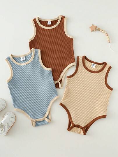 SHEIN 3pcs/Set Newborn Baby Boy/Girl Casual Comfortable Versatile Round Neck Bodysuit Set, Neutral Color Infant Romper Outfit, Summer Spring Newborn Baby Clothes (Unisex)
