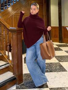 Bethéva 女式露肩裹身酒红色超长毛衣，秋冬 - 酒紅色 - 查看 5