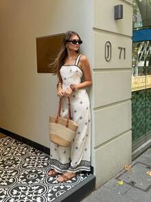 Serisse 女士印花宽松连体裤，适合度假 - 杏色 - 查看 2