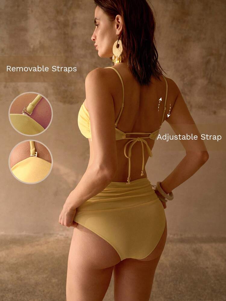 ELEGANT STRAPLESS FLORAL DECORATED RUCHED DETAIL LIGHT YELLOW WOMEN BEACH VACATION ROMANTIC BIKINI SWIMSUIT SET