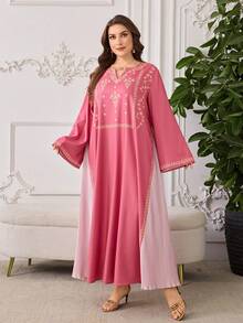 Al Najma V-Neck Floral Print Side Pleated Robe, Casual & Fashionable, Spring/Summer Arabic Dress For Women Najma Dress Abaya For Women Dubai - Multicolor - View 9