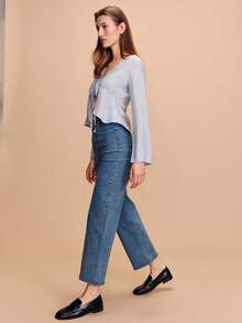 lacRébo Sky Blue Tie Front Blouse With Lace Inset Details Boho Cute Spring Summer Vacation French Style Parisian Style - Blue - View 5