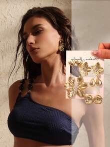 Swim Chiccia 1/5 pares de pendientes de botón con flores de 5 pétalos, hojas, lágrimas, círculos y corazones de estilo elegante en color dorado, adecuados para uso diario de mujeres, mejor regalo para amigos y familiares (material de plástico ABS ligero) - Dorado - Ver 4