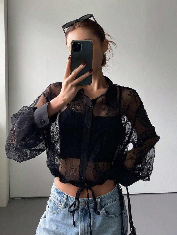 Women's Summer Lace Fabric Lapel Long Sleeve Drawstring Hem Hollow Lace Elegant Tie-Front Blouse