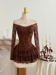 Elamini Vestido mini romántico con textura de encaje floral - Marrón - Ver 7