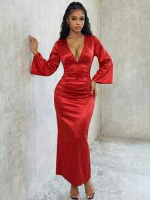 Eryvara Vestido largo con cuello en V, cintura plisada y mangas con volantes para mujeres - Rojo - Ver 3