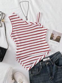 少女休闲个性吊带背心，黑白面料，不对称吊带下摆，适合旅行、度假、散步、外出，可搭配裤子、短裤、裙子、外套。 - 酒紅色 - 查看 2