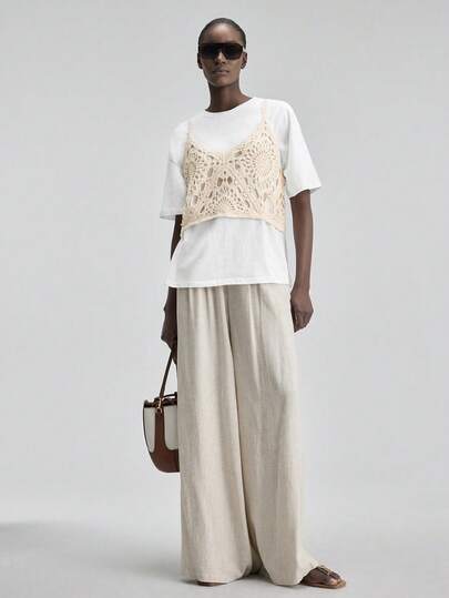 Ontre 2026ss Women's Beige Comfortable And Skin-Friendly High-Quality Material Hand-Hooked Craftsmanship Loose Fit V-Neck Pullover, Plaid Floral Modern Resort Casual Low-Key Vintage High-End Cruise Wear, Middle Eastern Minimalist Luxurious Feel Essential, Fashion Business Casual Urban Commute High-Quality Airport Apparel, Versatile Seasonal Women's Knitted Vest All Season Modern Women's Office Wear Low-Key Old Money Style Women's Tops For Summer Designer Top Crochet Top