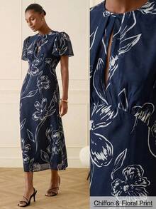 Lilora Đầm midi nữ thanh lịch họa tiết hoa, thắt eo. - Màu xanh hải quân - Xem 1