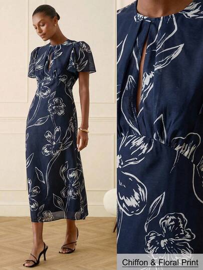 Lilora Women's Elegant Floral Waist Cinched Midi Dress This Sophisticated, Stylish, Versatile, And Elegant Dress Is Suitable For Commuting, Everyday Wear, Casual Outings, Parties, Dates, Gatherings, Leisure Activities, Picnics, Holidays, Vacations, And Holiday Travel. ,Summer Dress,Spring Dresses For Women