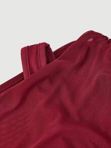 SHEIN MOD 不对称肩部 2 合 1 尖叫下摆女式 T 恤 - 酒紅色 - 查看 5