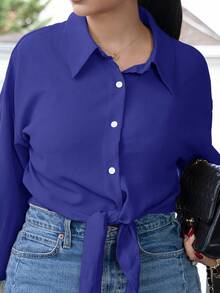 Melissa Matos 法式优雅梭织翻领长袖系带开衫，新款夏季白色女式衬衫 - 寶藍色 - 查看 6