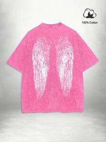 Manfinity EMRG 男士天使翅膀和骷髅图案印花街头风100%纯棉圆领短袖T恤 - 玫紅色 - 查看 3
