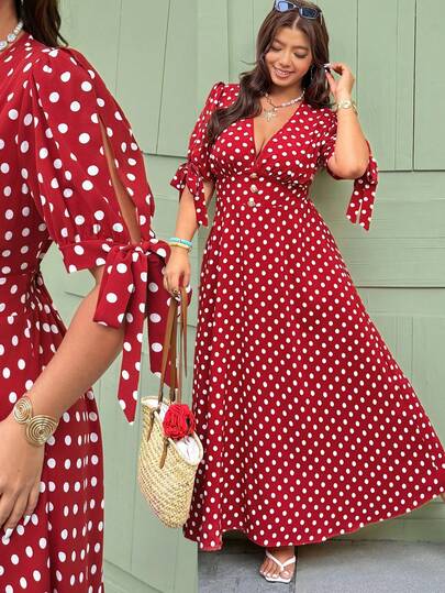 Vionelle Plus Size Women's French Style Casual Elegant Polka Dot V-Neck Waist Cinched Short Sleeve Dress Plus Size Dress Red Vacation Dress Vacation Dresses Woman Curve Red Polka Dot Dress Red Summer Dress Plus Cherry Dress Plus Size
