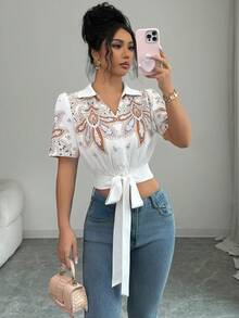 Elenzga All-Over Print Twist Front Short Sleeve Casual Vacation Shirt - Apricot - View 1