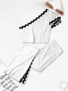 EMERY ROSE Bộ đồ hai mảnh thời trang mùa hè dành cho nữ, kiểu dáng công sở, phối màu tương phản với viền vải, cổ áo bất đối xứng, gồm áo và quần. - trắng - Xem 4