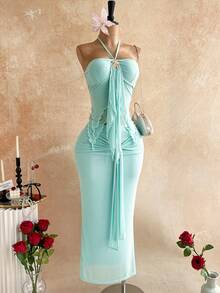 Soleia 女士纯色荷叶边吊带上衣和迷你裙两件套，时尚百搭，适合约会和派对 - 淺藍色 - 查看 6