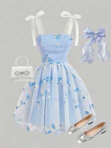 SHEIN Girlism Tween Girls Elegant Floral Embroidered Mesh Camisole Dress, Summer - Blue - View 1