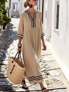 Breezaya 女士V领褶皱休闲度假日常连衣裙 - 杏色 - 查看 1