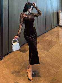 DAZY 秋冬單肩蕾絲拼接長袖純色黑色天鵝絨優雅女士風中長洋裝 - 棕色 - 查看 5