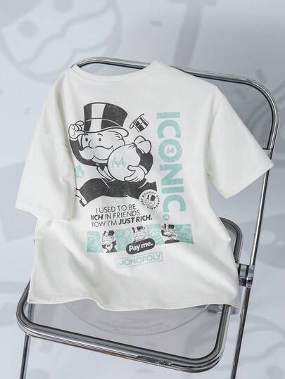 MONOPOLY X SHEIN 1件休闲印花圆领短袖宽松舒适T恤，适合青少年男孩穿着，Monopoly联名款青少年男孩T恤