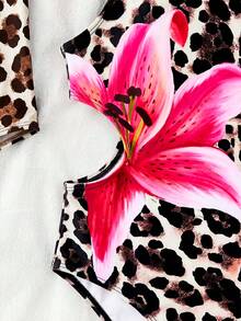 SHEIN 少女针织花卉图案吊带比基尼上衣 - 棕色 - 查看 7