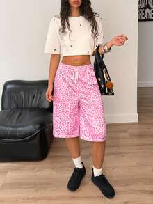 Muchica Women's Leopard Print Drawstring Waist Pocket Casual Versatile Daily Wear Wide Leg Shorts - Pink - View 5