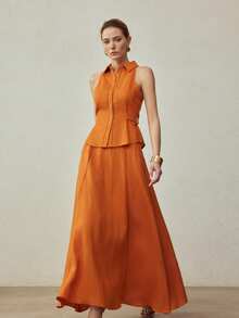 MOTF PREMIUM LINEN WAIST METAL BUCKLE STRAP DECOR SHIRT-STYLE SLEEVELESS BLOUSE, SPRING/SUMMER - Orange - View 6