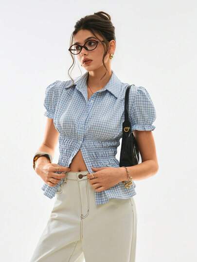 Poéselle Women's Blue Plaid Ruffle Single-Breasted Fashionable Versatile Daily Wear Shirt,Going Out Top,Elegant Women's Blouses,Casual Blouses For Women,Office Outfits For Women,Suitable For Daily Wear, Vacations, And The Office,Spring/Summer