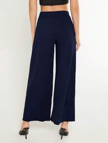 SHEIN BASICS Pantalones anchos de unicolor versátiles y casuales para el transporte - azul real - Ver 3