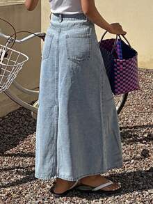 DAZY Distressed Print Loose A-Line Maxi Denim Skirt, Casual Summer Vacation For Women - Blue - View 2