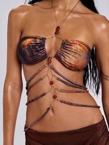 ROMWE Spring/Summer Y2K Babe Animal Print Tie-Dye Chain Decor Halter Top - Multicolor - View 8
