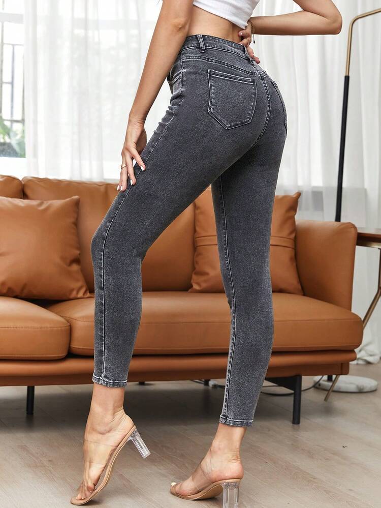 Solid Zipper Fly Skinny Jeans