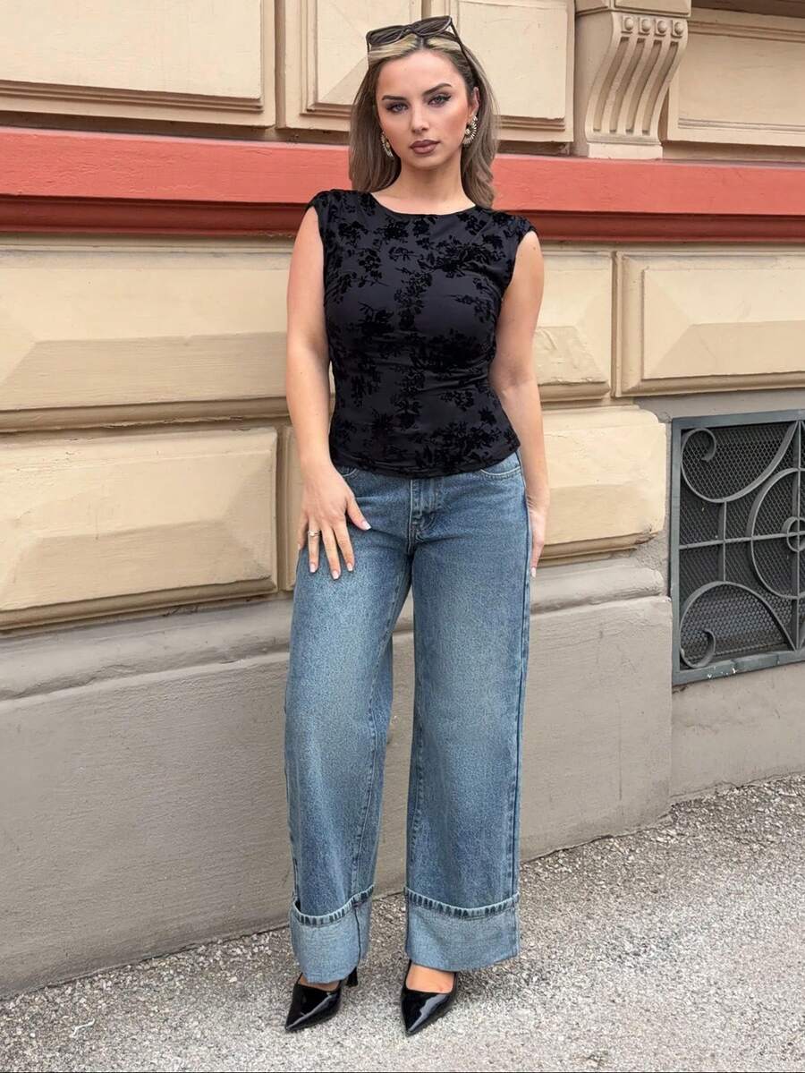 Jeta Ari Women's Jeans Retro Gray Blue Straight Leg Ninth Pants Turn-Down Cuffs Casual And Versatile, Going Out,Autumn Outfits For Women - Light Wash - View 1