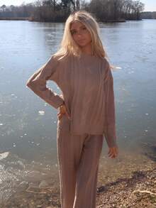 Sydney Algeri Women's Khaki Crew Neck Long Sleeve Casual Sweater Top And Pants 2-Piece Set, Winter Outfit,Fall,Fall Clothes For Women - Khaki - View 4