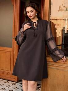 SHEIN Clasi Plus Size Women's Brown Retro Casual Loose Tie-Waist Mesh Sleeve Dress, Early Spring - Brown - View 1