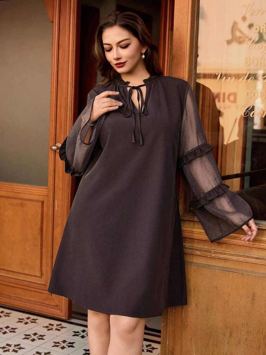 SHEIN Clasi Plus Size Women's Brown Retro Casual Loose Tie-Waist Mesh Sleeve Dress, Early Spring - Brown - View 1