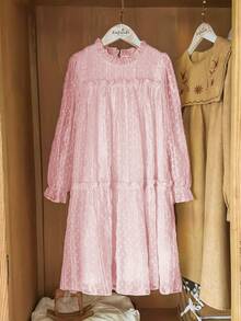 Vintaside Kids Vestido de manga larga con capas de tul para niñas, color albaricoque, silueta ajustada, adecuado para salidas, sesiones de fotos, actividades en el campus, reuniones en el hogar, apariencia elegante - Rosa - Ver 4