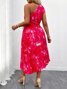 Breezaya Women's Elegant Oblique Shoulder Ombre Pleated RedOne Shoulder Summer Dress - Hot Pink - View 2