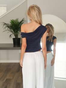 Sydney Algeri Navy Blue Off-Shoulder T-Shirt, Elegant For Commuting In Summer - Navy Blue - View 2