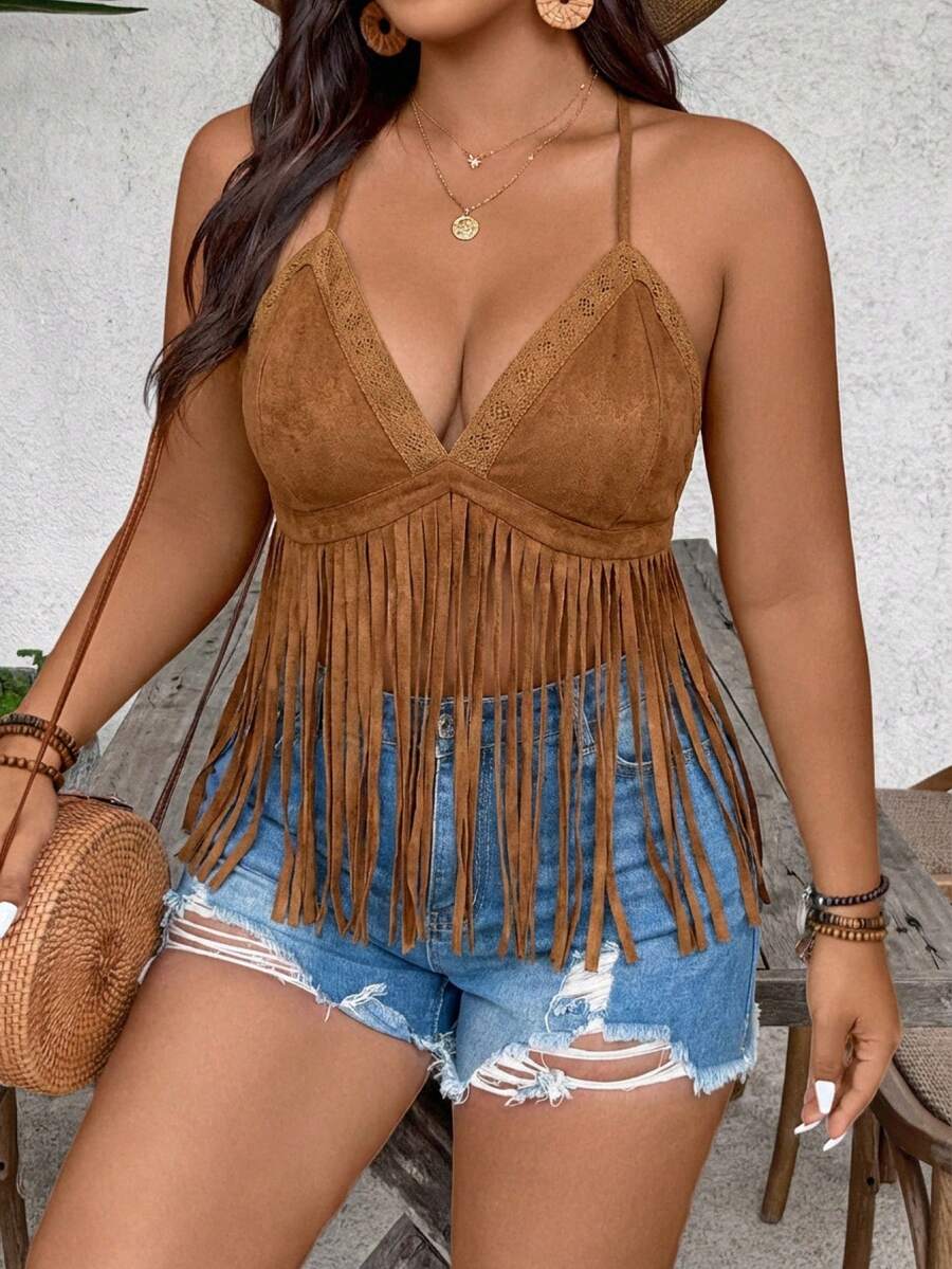 SHEIN VCAY Áo camisole cỡ lớn màu nâu cổ điển tua rua, chất liệu da lộn kết hợp ren móc, kiểu dáng lễ hội âm nhạc Bohemian, áo croptop hở lưng độc đáo cho đầu xuân/hè. - màu nâu - Xem 1