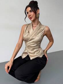 Firerie 女士优雅简约高贵时尚通勤都市风新款翻领裹腰带金属镀金无袖衬衫上衣 - 金色 - 查看 4