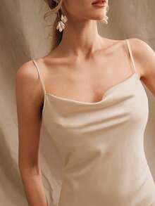 Anewsta Elegant Dress, Vacation Outfit Dress, Women's Spaghetti Strap Draped Neck Champagne Color Dress - Apricot - View 6