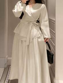 Dazy Plus Plus Size Women's Elegant Solid Color V-Neck Belted Shirt And A-Line Skirt 2-Piece Set, Spring/Summer - Apricot - View 3